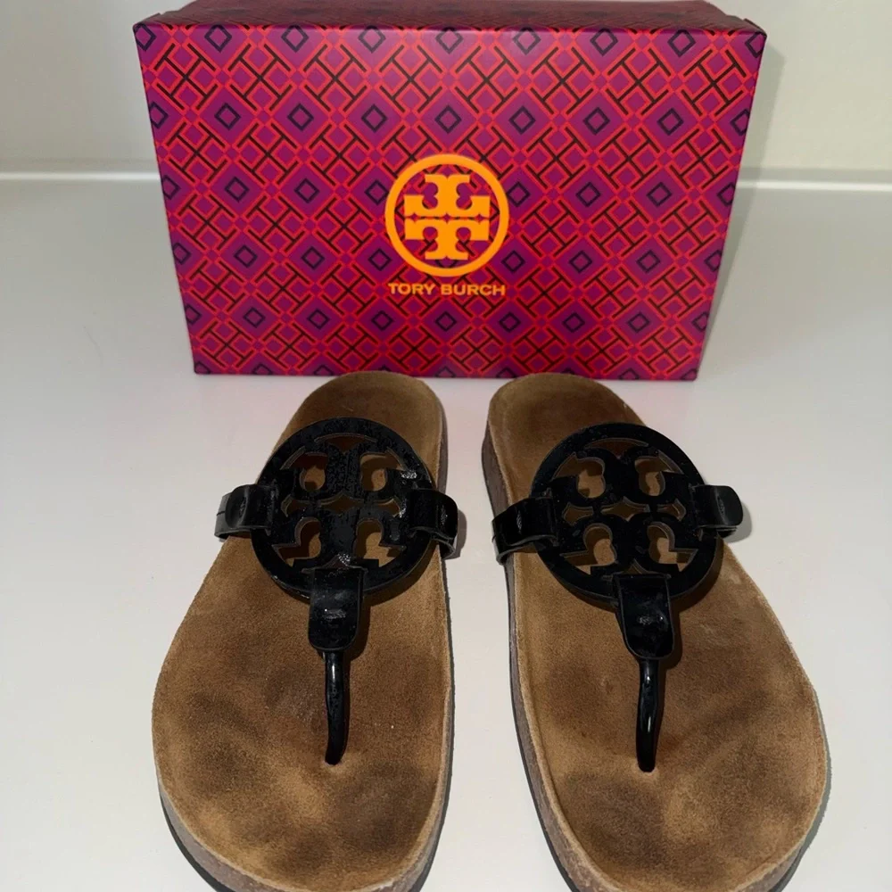 Tory Burch Women's Miller Cloud Sandals Black Patent Leather Natural Size 8